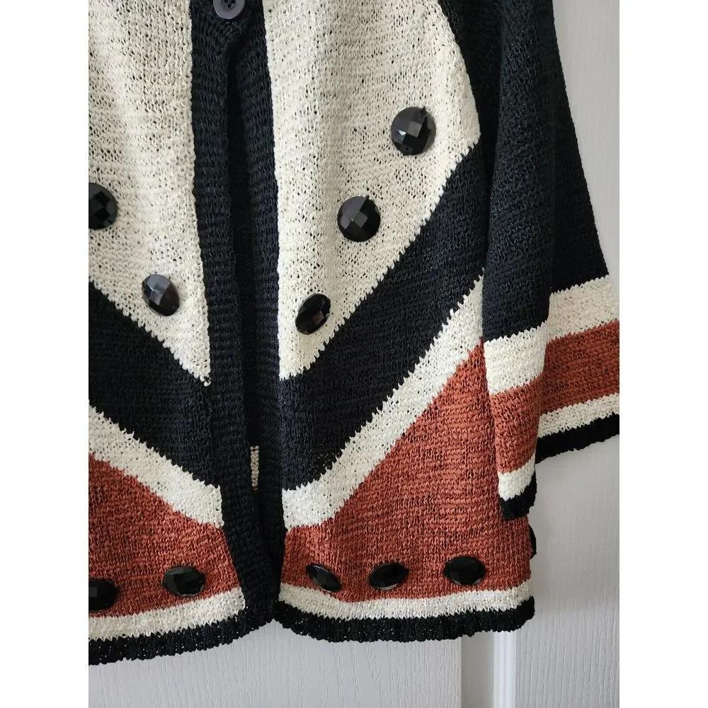 WD-NY Womens Knit Cardigan 3/4 Sleeve Single Button Closure Cotton Blend Black S